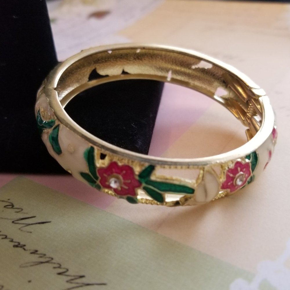Hinged Enameled Pink and Green Cloisonne Bracelet